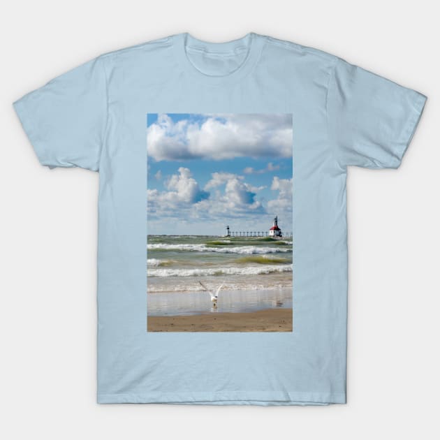 Michigan lighthouse on a wild lake Michigan T-Shirt by iyd39